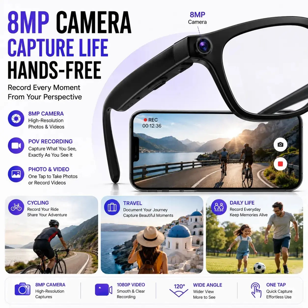 AI Smart Glasses with 8MP Camera, Photo & Video Recording, Translation, Bluetooth Music & Calls, Auto Transition Lenses