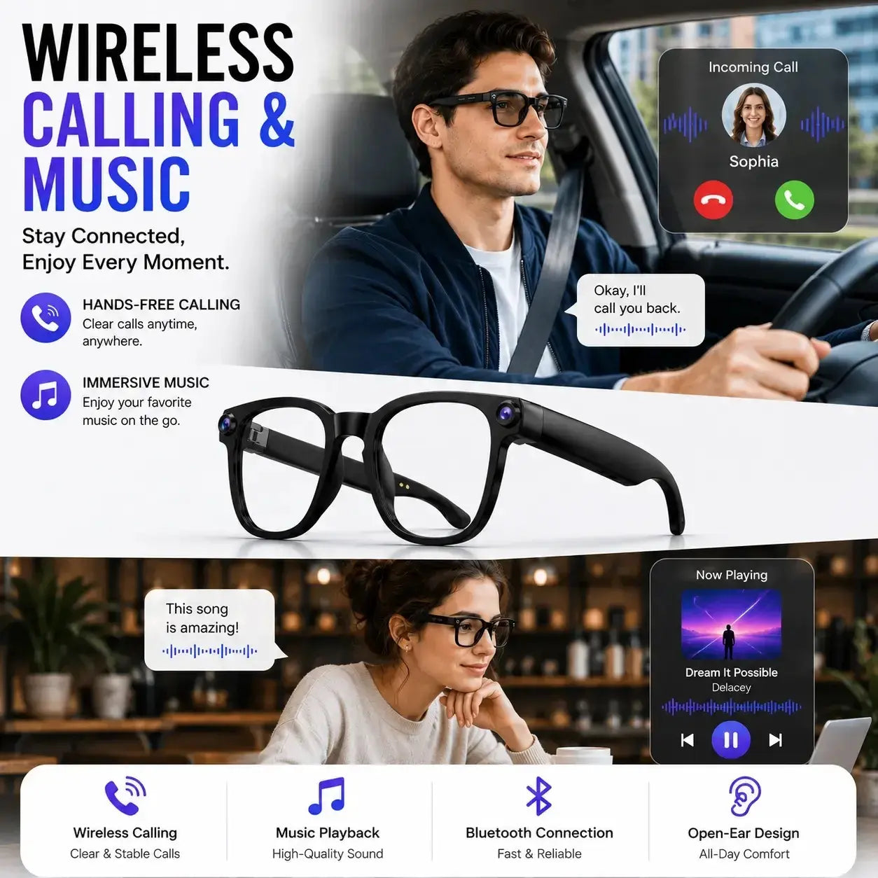 AI Smart Glasses with 8MP Camera, Photo & Video Recording, Translation, Bluetooth Music & Calls, Auto Transition Lenses