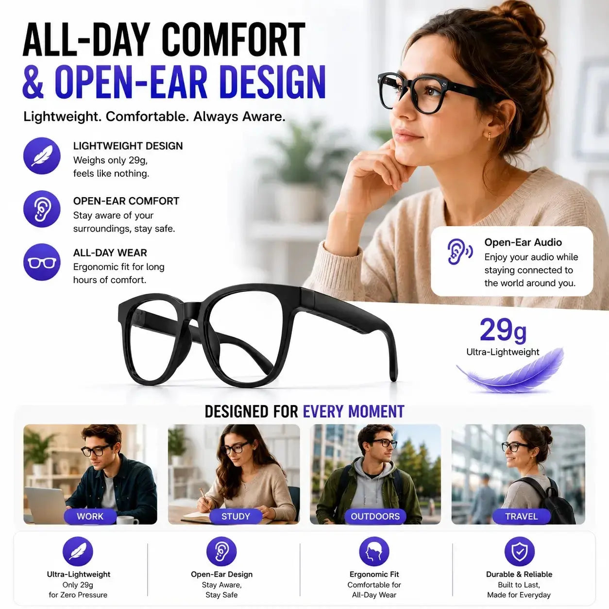 AI Smart Glasses with 8MP Camera, Photo & Video Recording, Translation, Bluetooth Music & Calls, Auto Transition Lenses