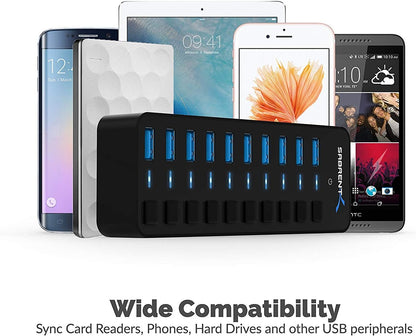 Expand Your Connectivity with the 10-Port 60W Powered USB 3.0 Hub - Individual Power Switches & LED Indicators for Ultimate Control