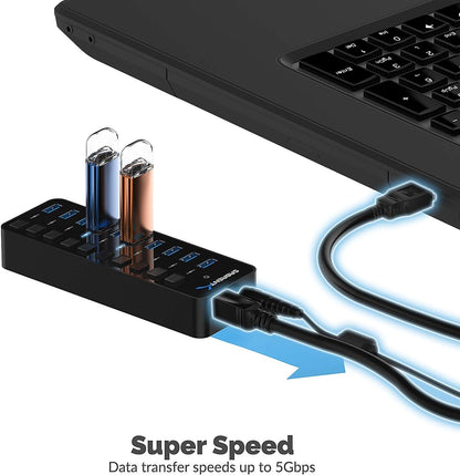 Expand Your Connectivity with the 10-Port 60W Powered USB 3.0 Hub - Individual Power Switches & LED Indicators for Ultimate Control